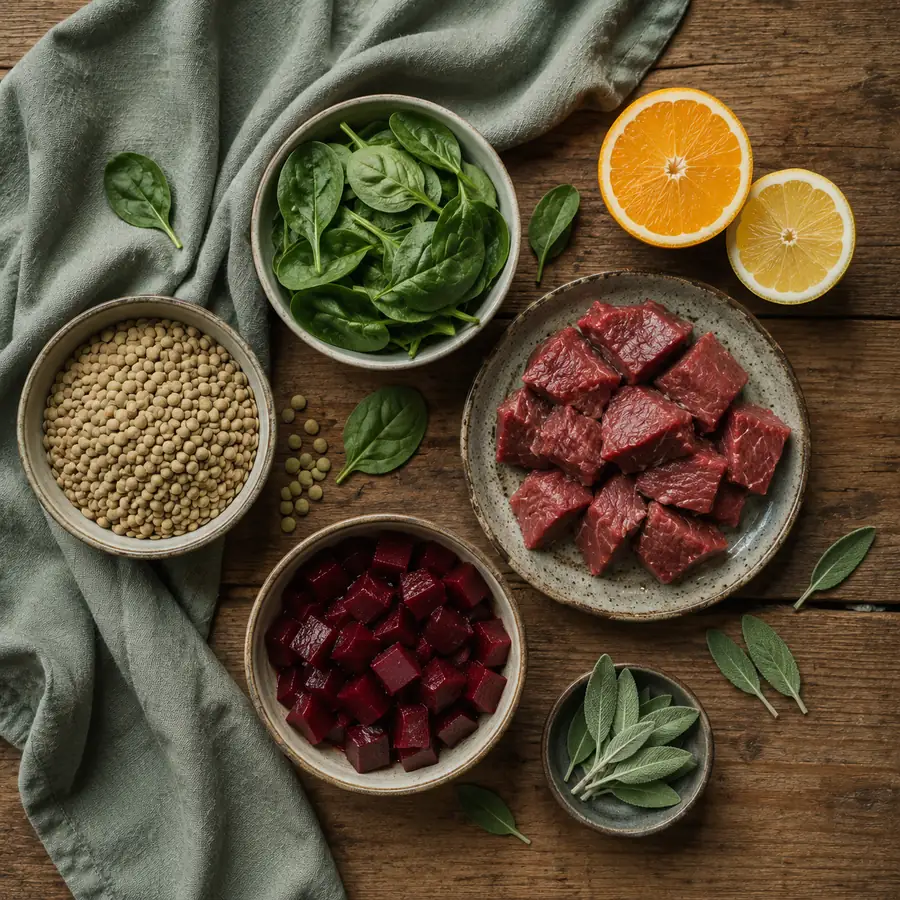 A spread of iron-rich foods — leafy greens, beans, beets and citrus